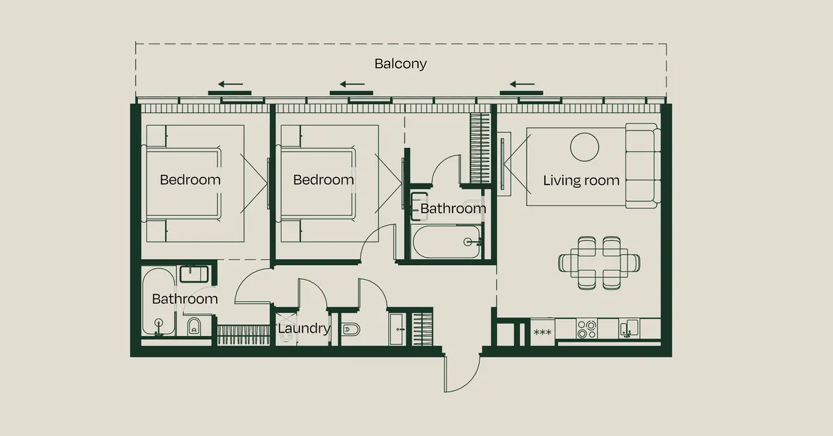 Two-bedroom apartment floor plan, Tower A