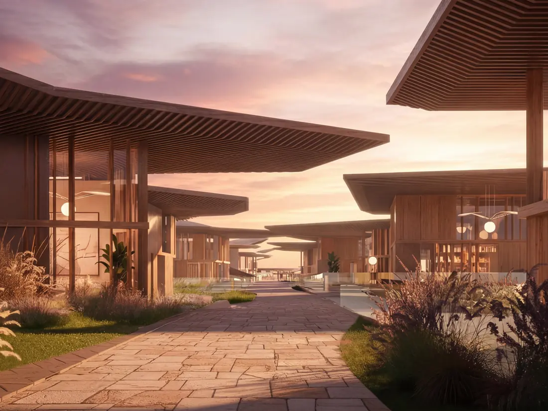 Five-star hotel entrance at sunset