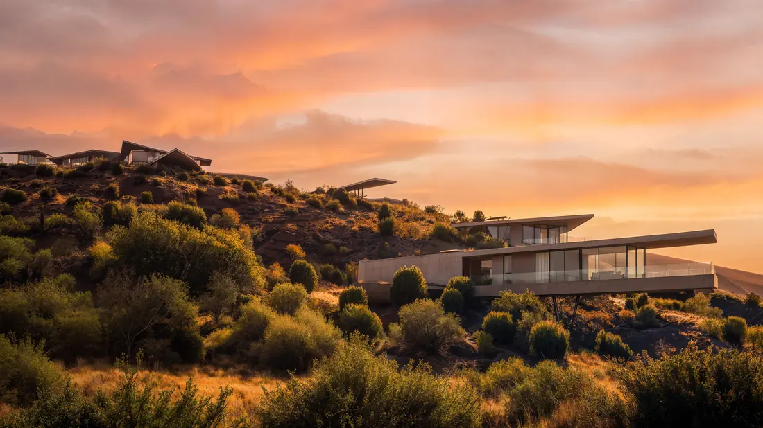 Terraced villa above the valley at dusk