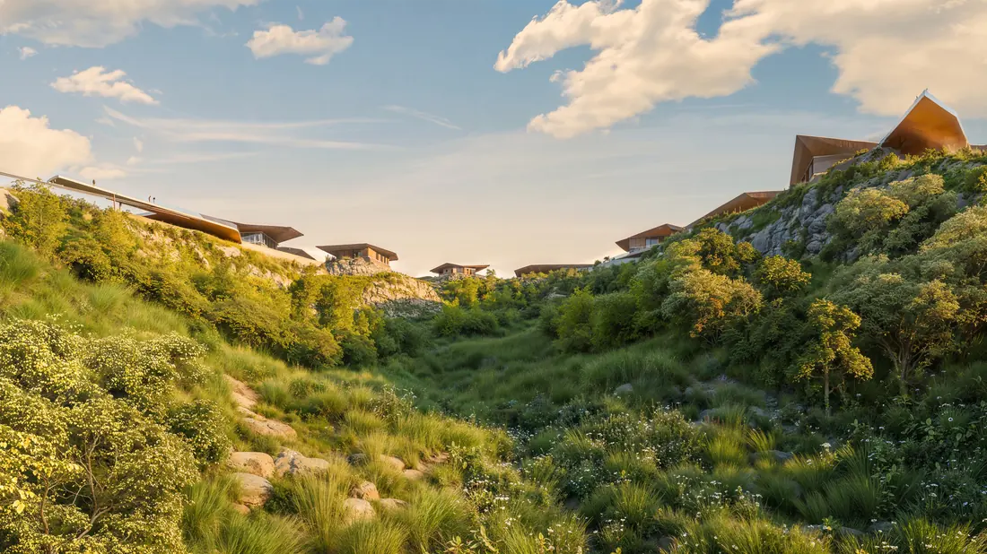 Green roofs and terraced levels following the contour of the hillside