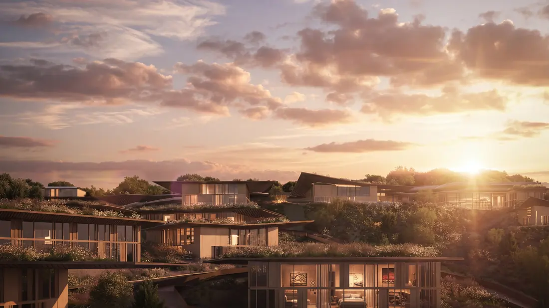 Residences catching low evening sun