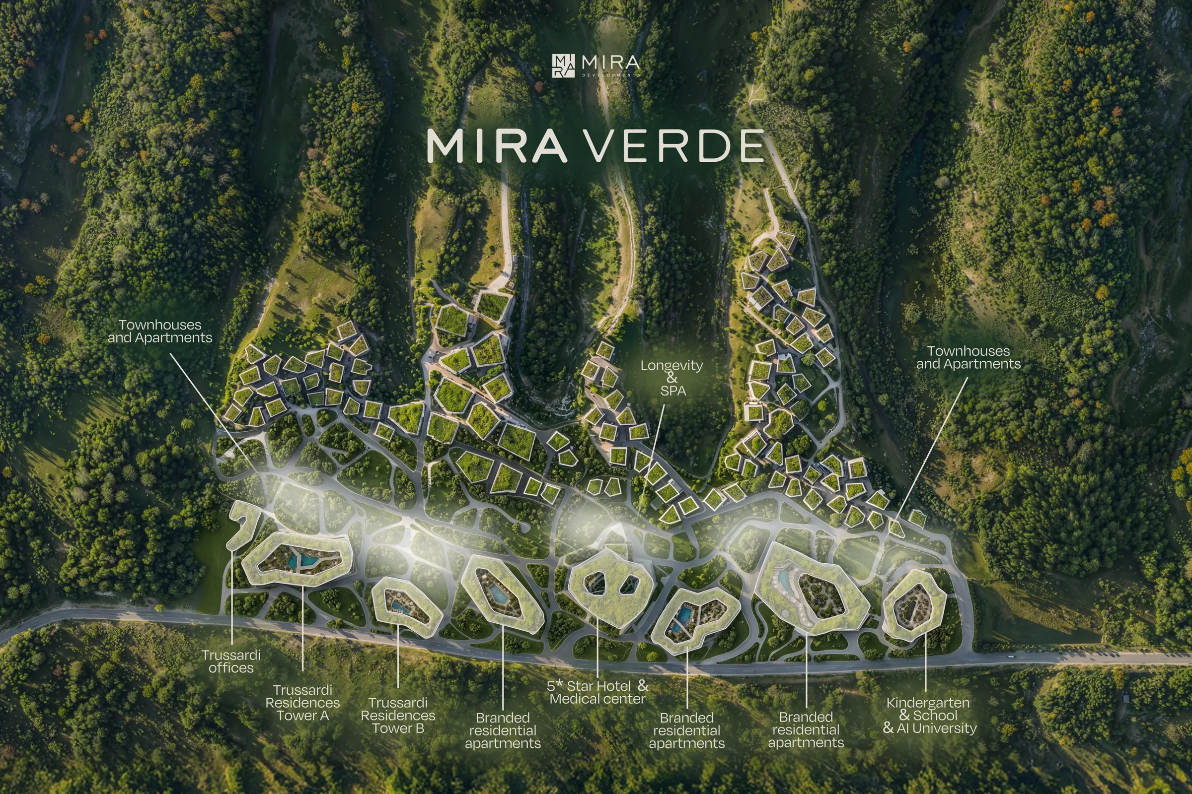Mira Verde master plan — Trussardi Residences Tower A and Tower B, branded residential apartments, the 5-star hotel and medical centre, the longevity and spa centre, townhouses and apartments on the upper hillside, and the kindergarten, school and AI University