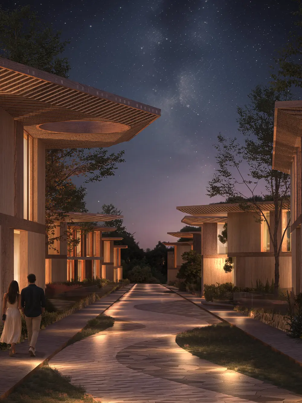 Landscaped pedestrian street between Mira Verde townhouses at dusk