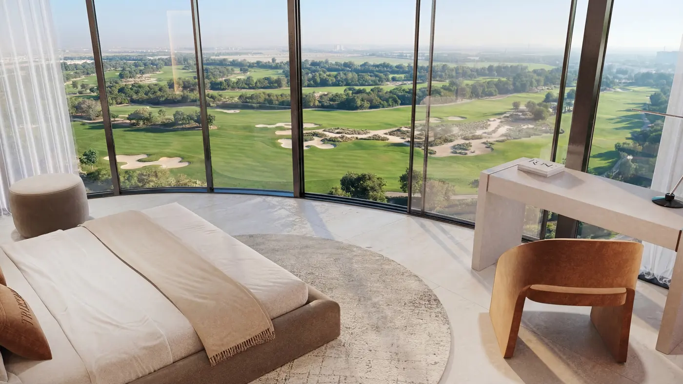 Branded bedroom with golf course view