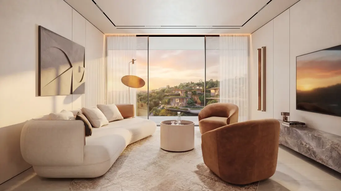Living room at sunset with floor-to-ceiling glazing