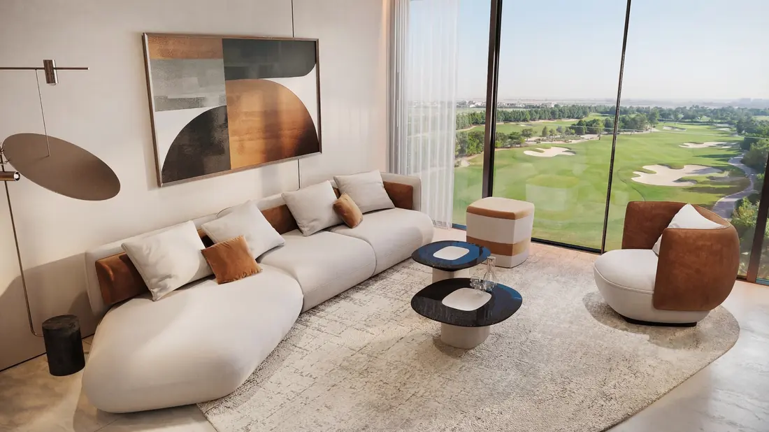 Sofa and lounge chairs with golf course view