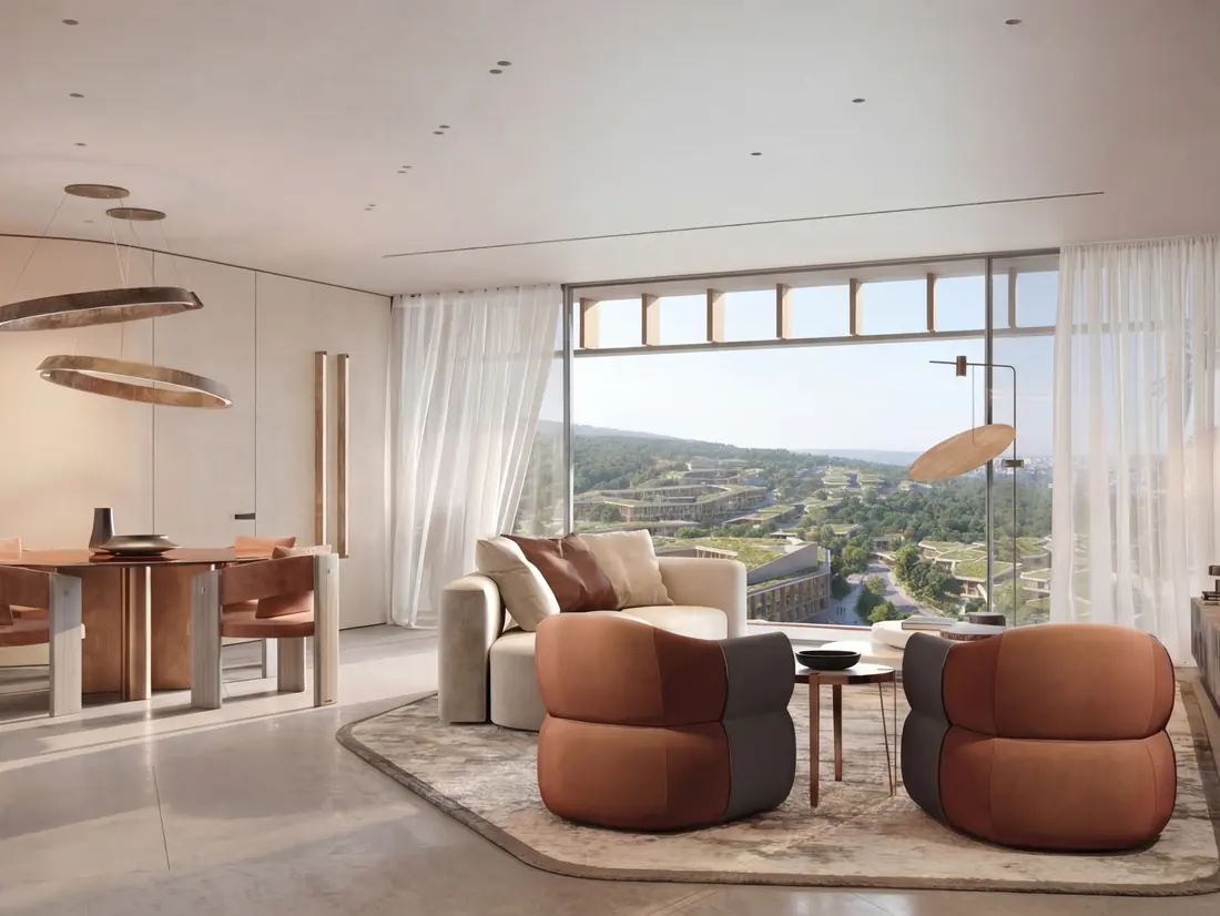Dining and living space with hillside outlook