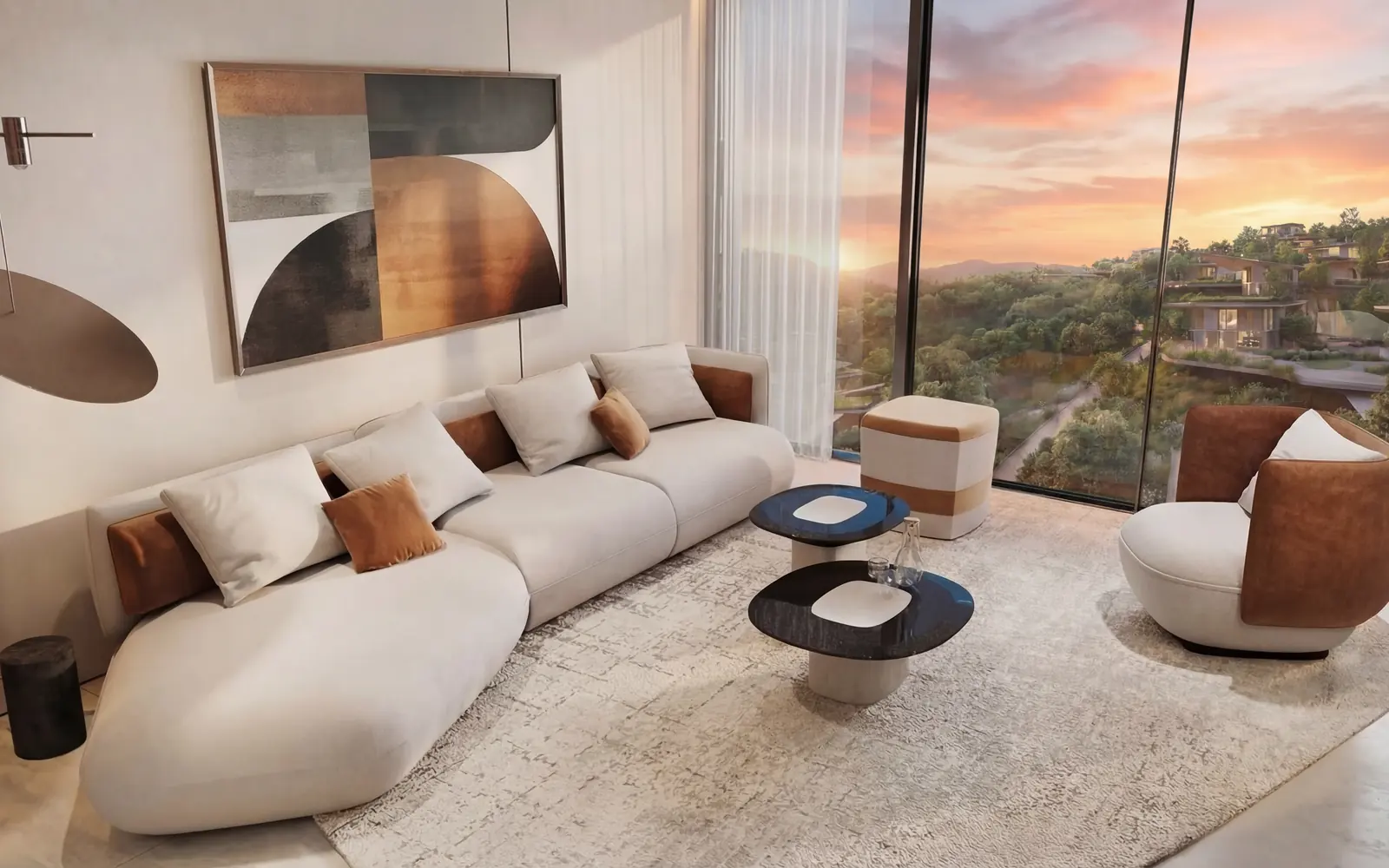 Trussardi Casa living room at sunset with panoramic glazing